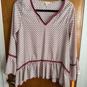 About A Girl V-Neck Blouse - White and Red Pattern